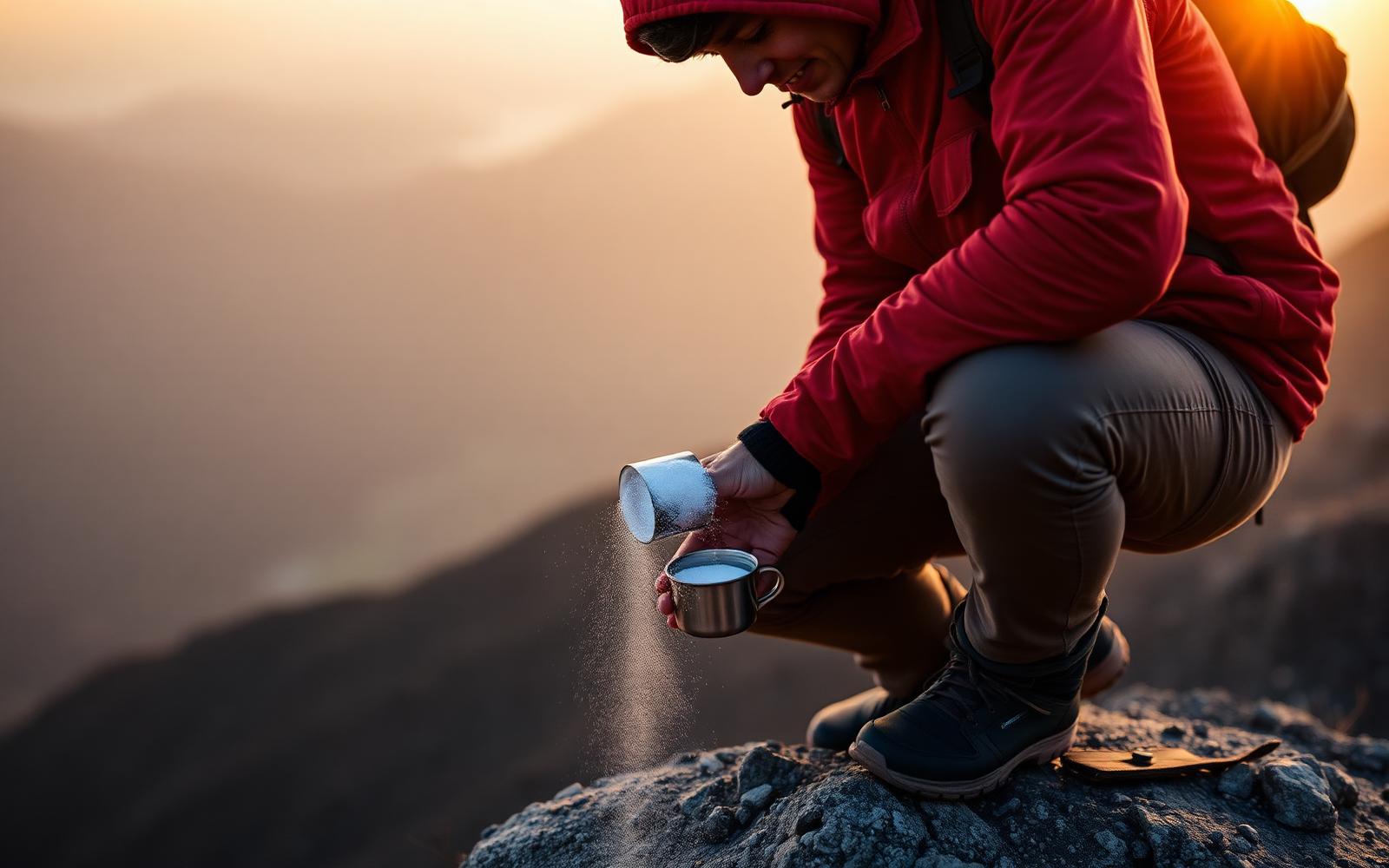 Persona en la montaña al amanecer preparando Wegg en una taza
