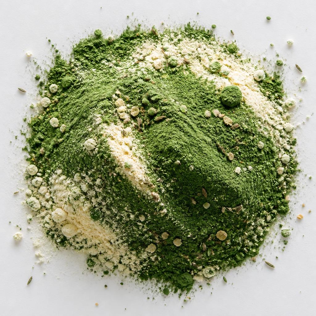 Polvo Wegg con espinaca, ajo y comino sobre superficie blanca